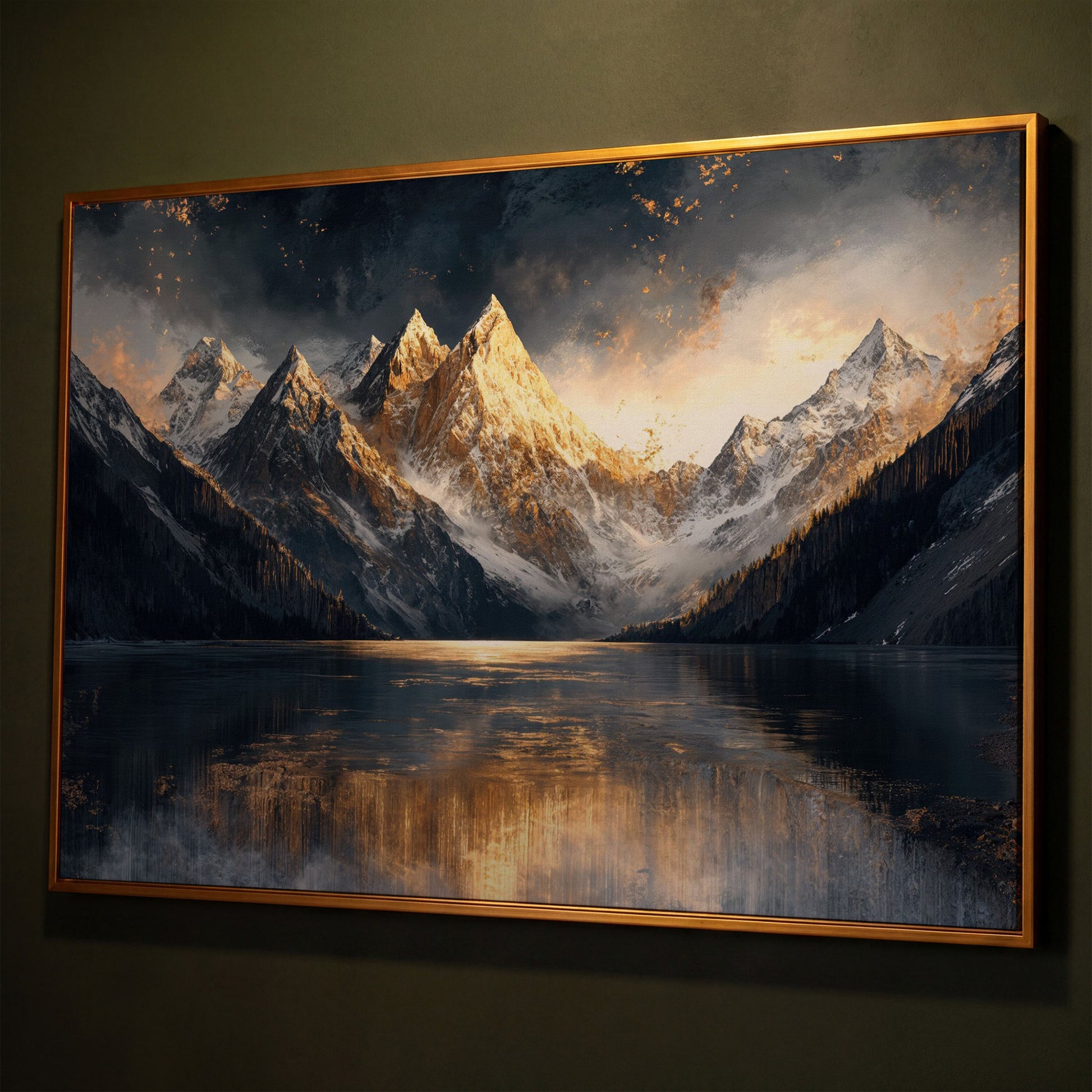 Mountain Sunset with Lake Reflection Canvas shown in antique gold floating frame