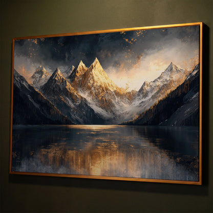 Mountain Sunset with Lake Reflection Canvas shown in antique gold floating frame