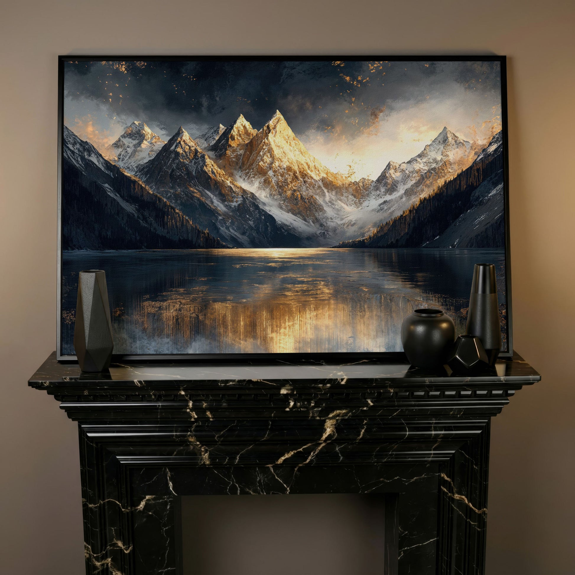 Mountain Sunset with Lake Reflection Canvas in black floating frame