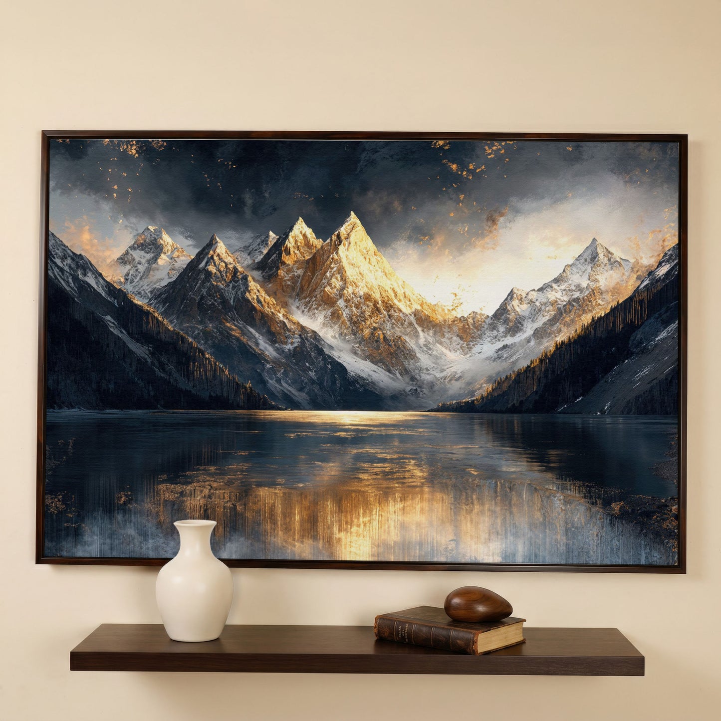 Mountain Sunset with Lake Reflection Canvas in dark walnut floating frame