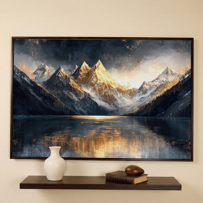 Mountain Sunset with Lake Reflection Canvas in dark walnut floating frame