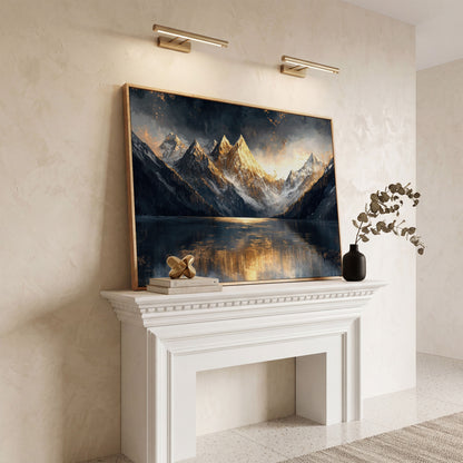 Mountain Sunset with Lake Reflection Canvas in white oak floating frame