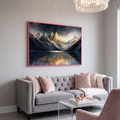 Mountain Sunset with Lake Reflection Canvas in pink floating frame