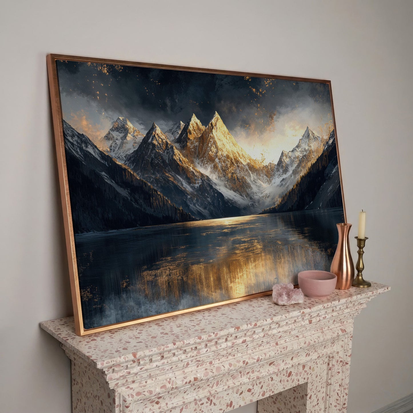 Mountain Sunset with Lake Reflection Canvas in rose gold floating frame