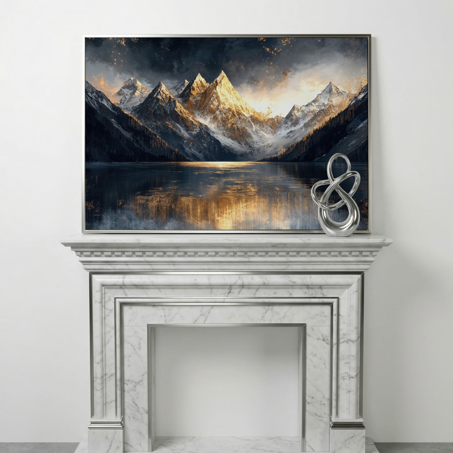 Mountain Sunset with Lake Reflection Canvas in silver floating frame