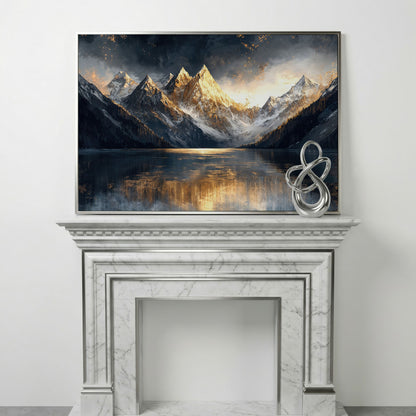 Mountain Sunset with Lake Reflection Canvas in silver floating frame
