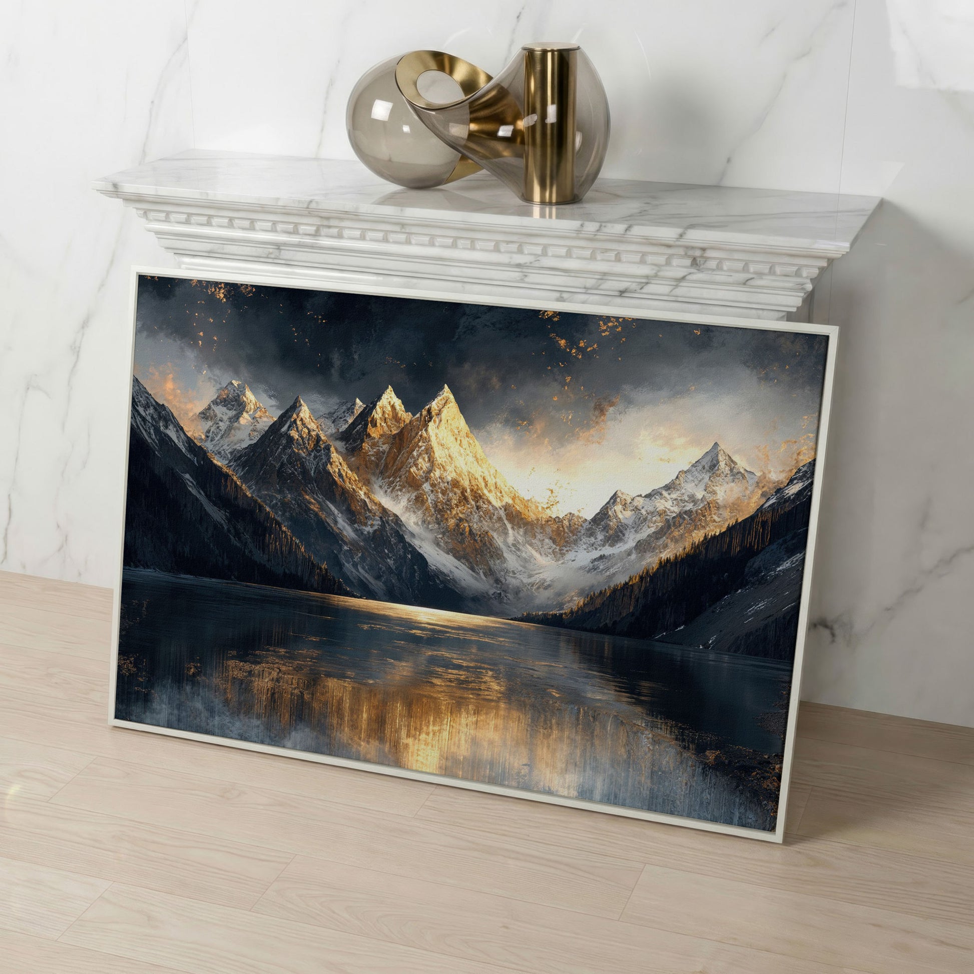 Mountain Sunset with Lake Reflection Canvas in white floating frame
