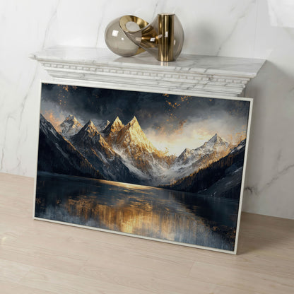 Mountain Sunset with Lake Reflection Canvas in white floating frame
