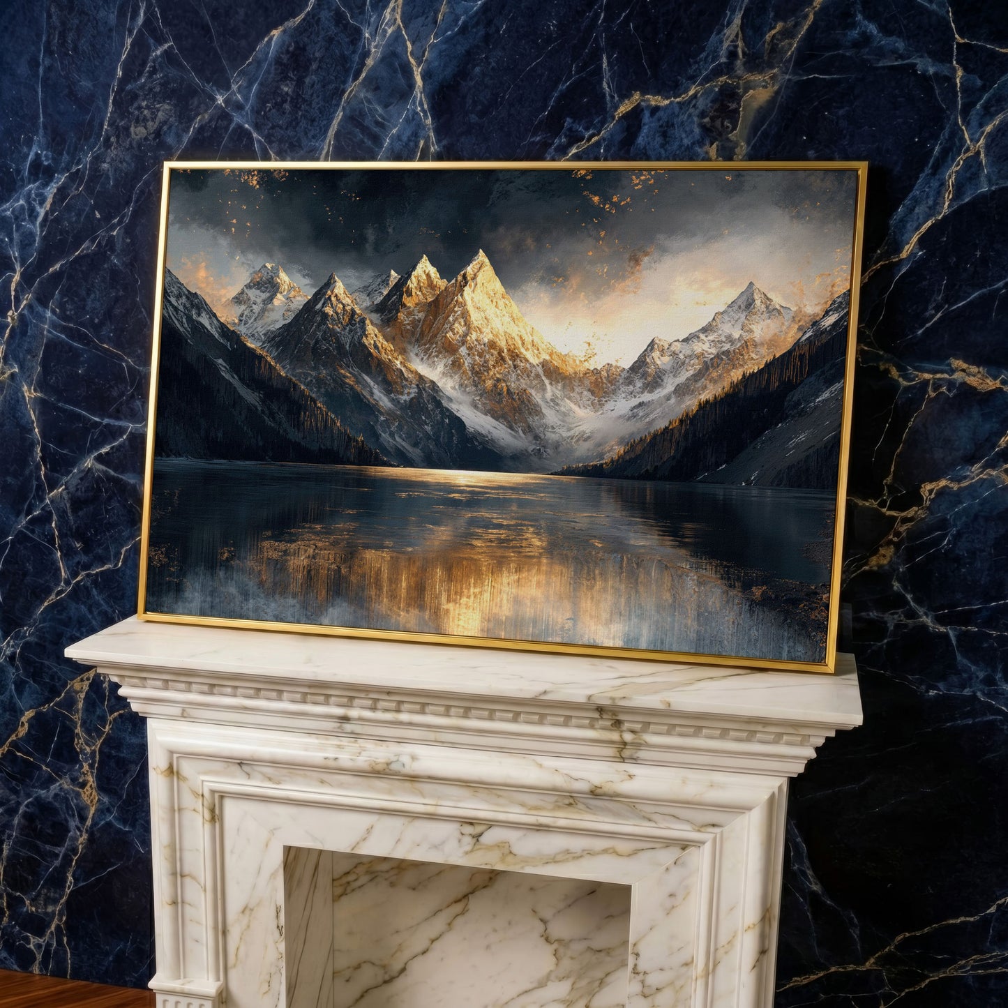 Mountain Sunset with Lake Reflection Canvas in yellow gold floating frame