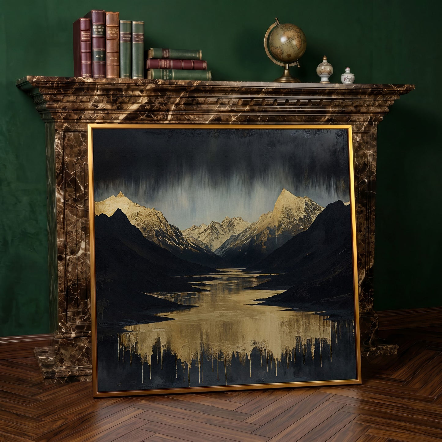 Gold River Black Mountains Canvas Print in antique gold floating frame