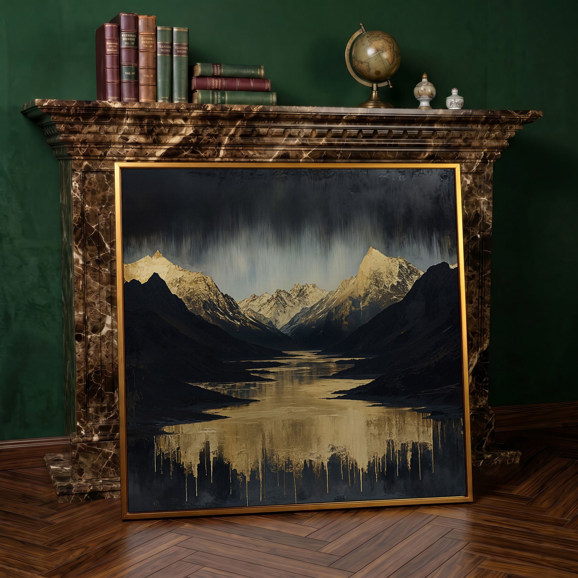 Gold River Black Mountains Canvas Print in antique gold floating frame