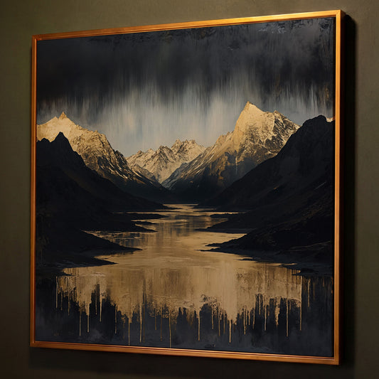 Gold River Black Mountains Canvas Print shown in antique gold floating frame