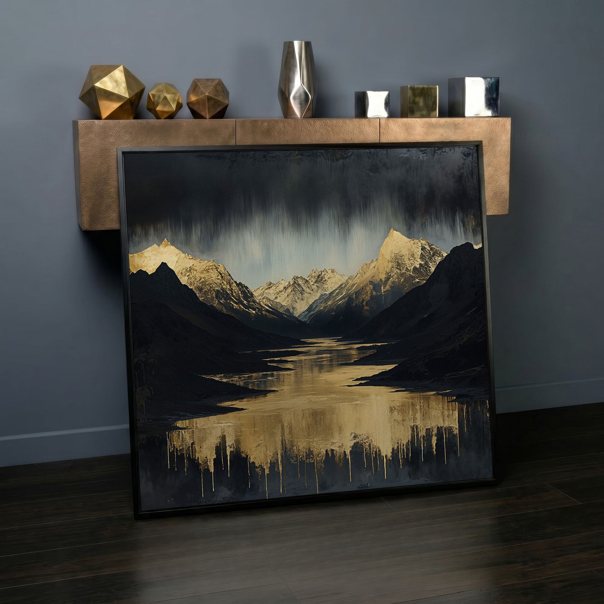 Gold River Black Mountains Canvas Print in black floating frame