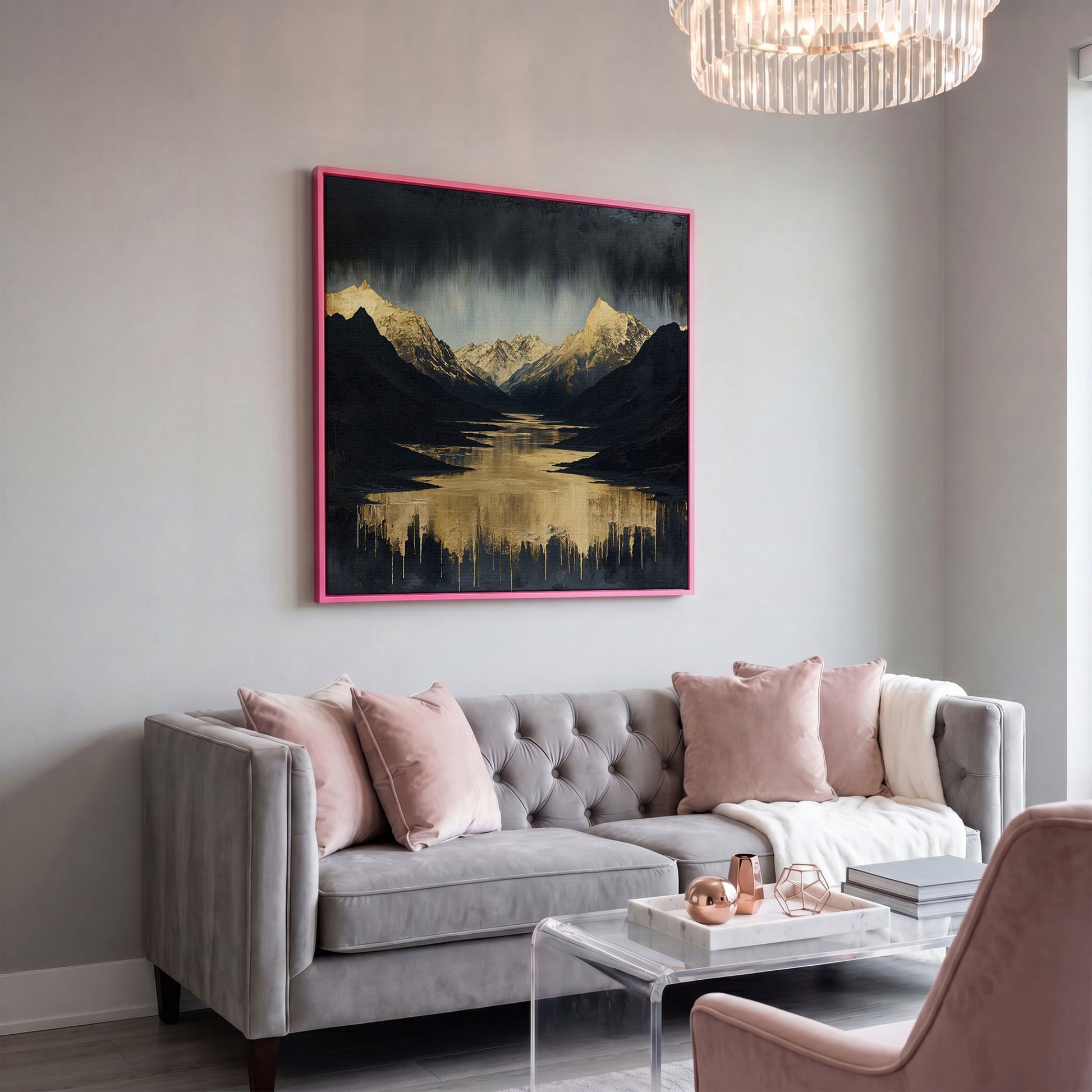 Gold River Black Mountains Canvas Print in pink floating frame