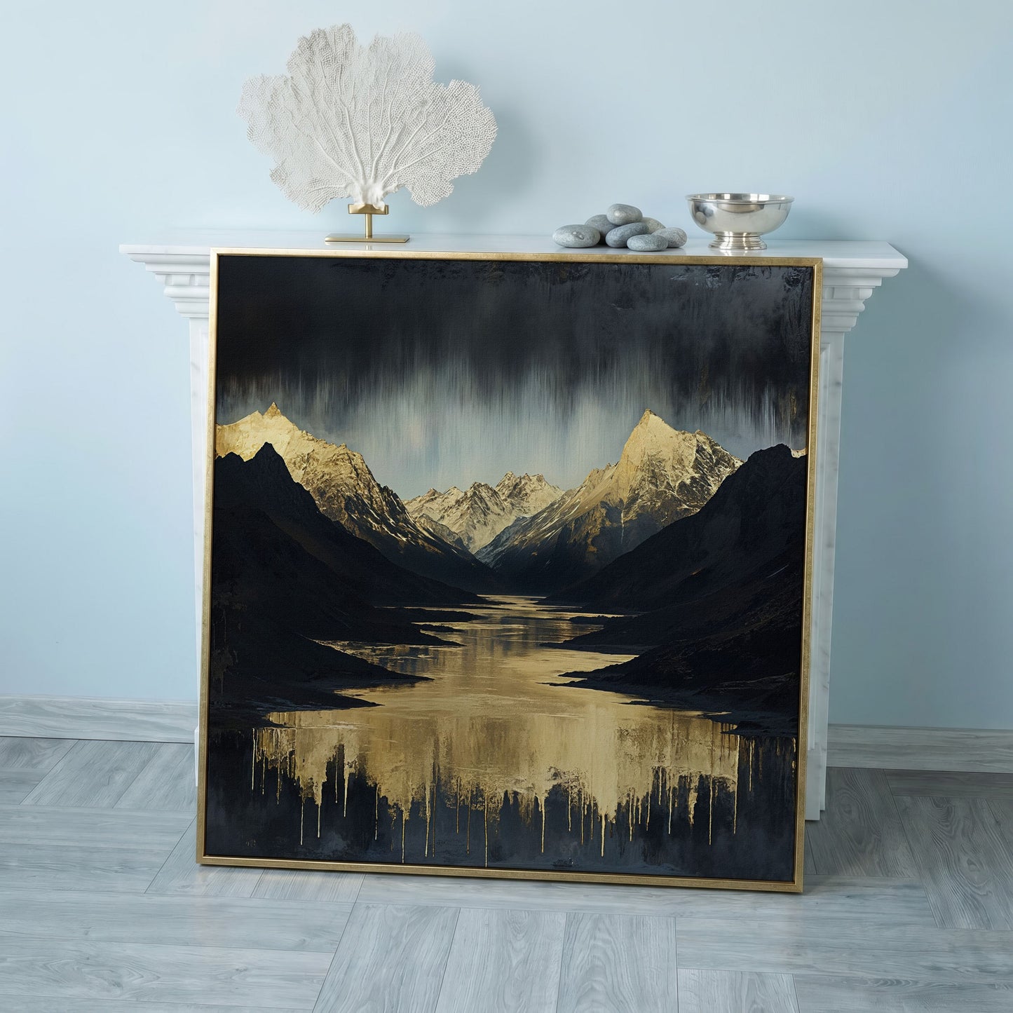 Gold River Black Mountains Canvas Print in rose gold floating frame