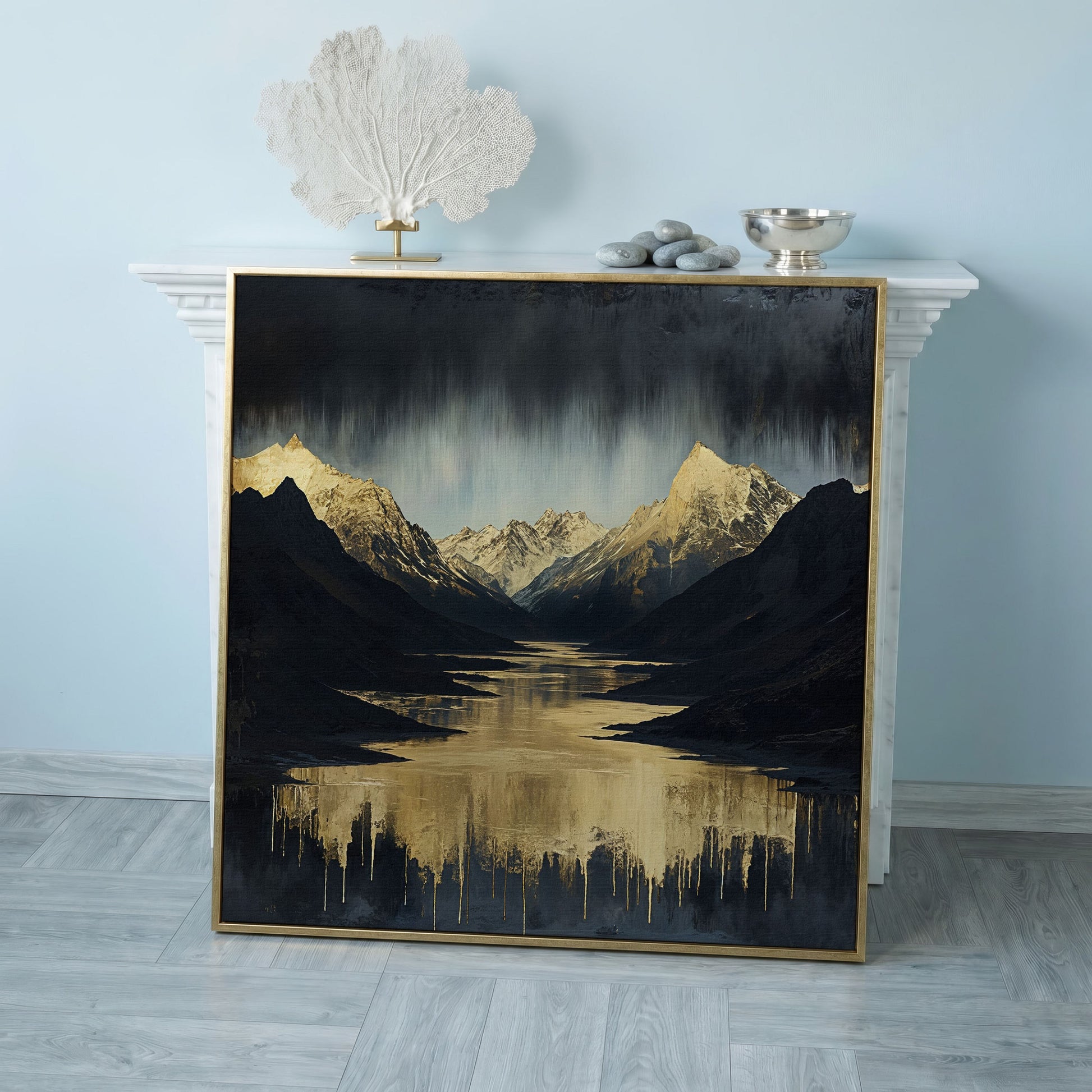 Gold River Black Mountains Canvas Print in rose gold floating frame