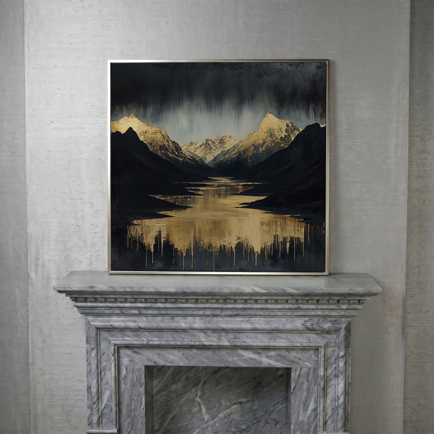 Gold River Black Mountains Canvas Print in silver floating frame