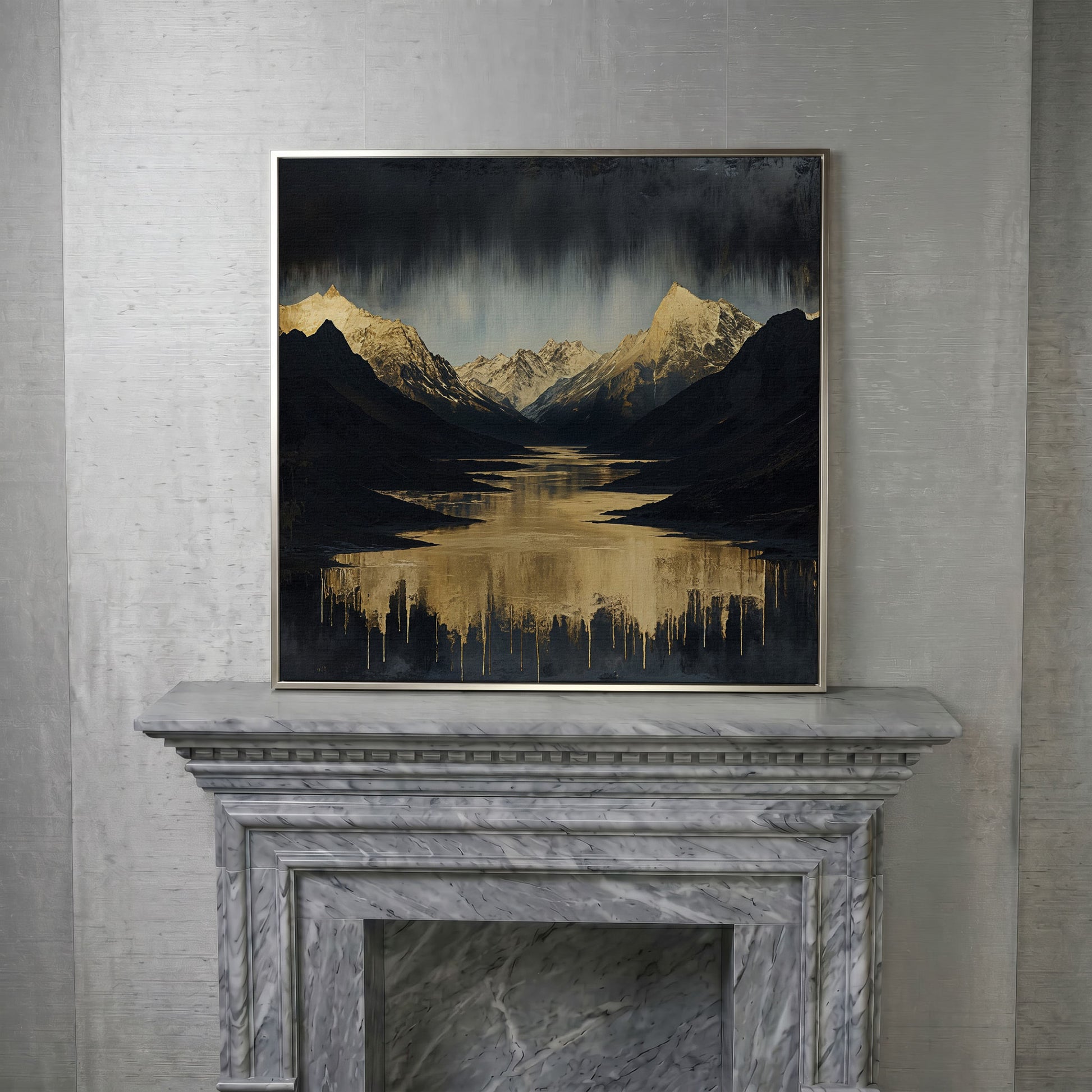 Gold River Black Mountains Canvas Print in silver floating frame