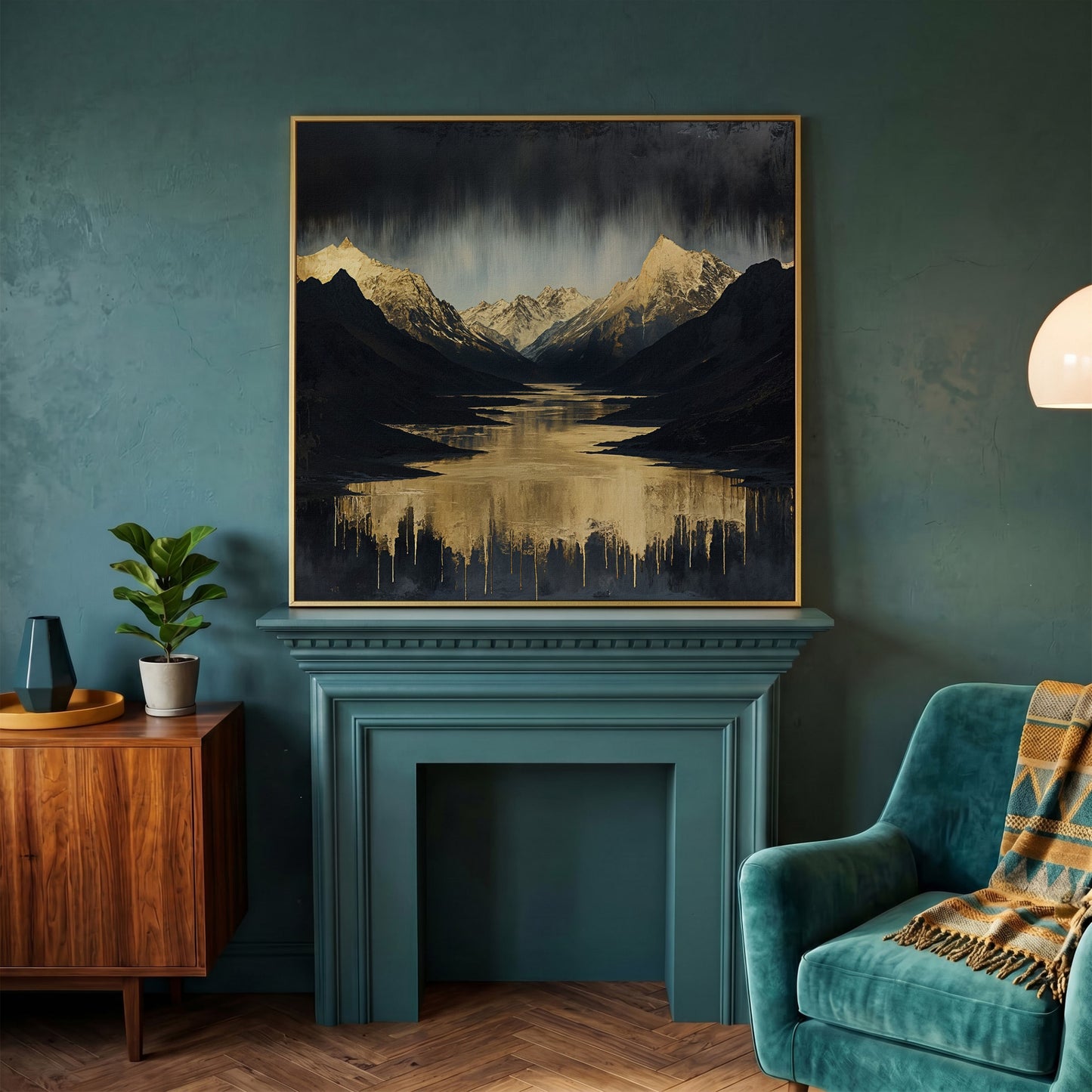 Gold River Black Mountains Canvas Print in yellow gold floating frame