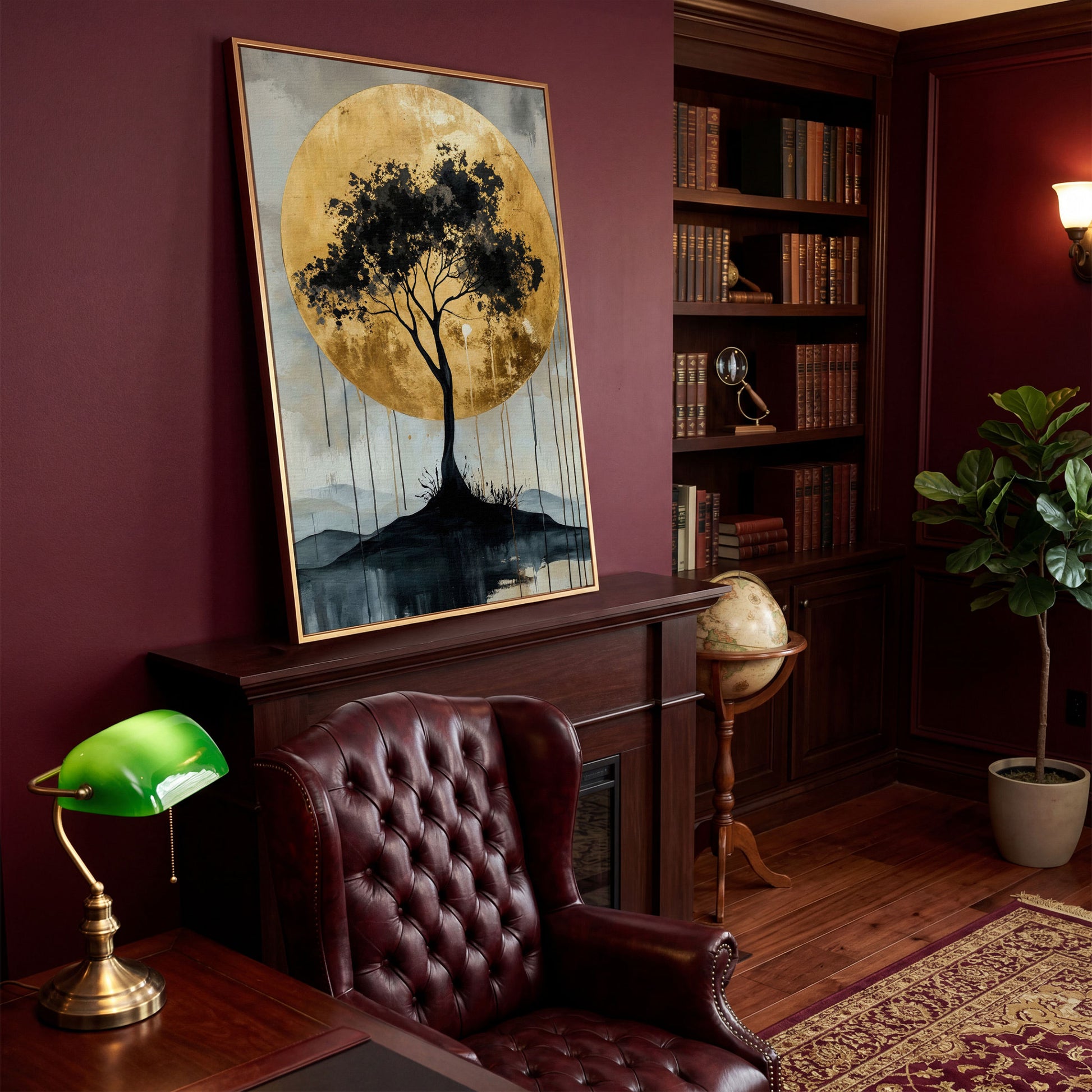 Black Tree and Golden Sun Canvas in antique gold floating frame