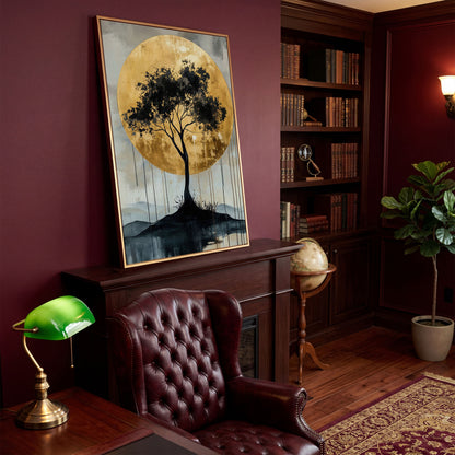 Black Tree and Golden Sun Canvas in antique gold floating frame
