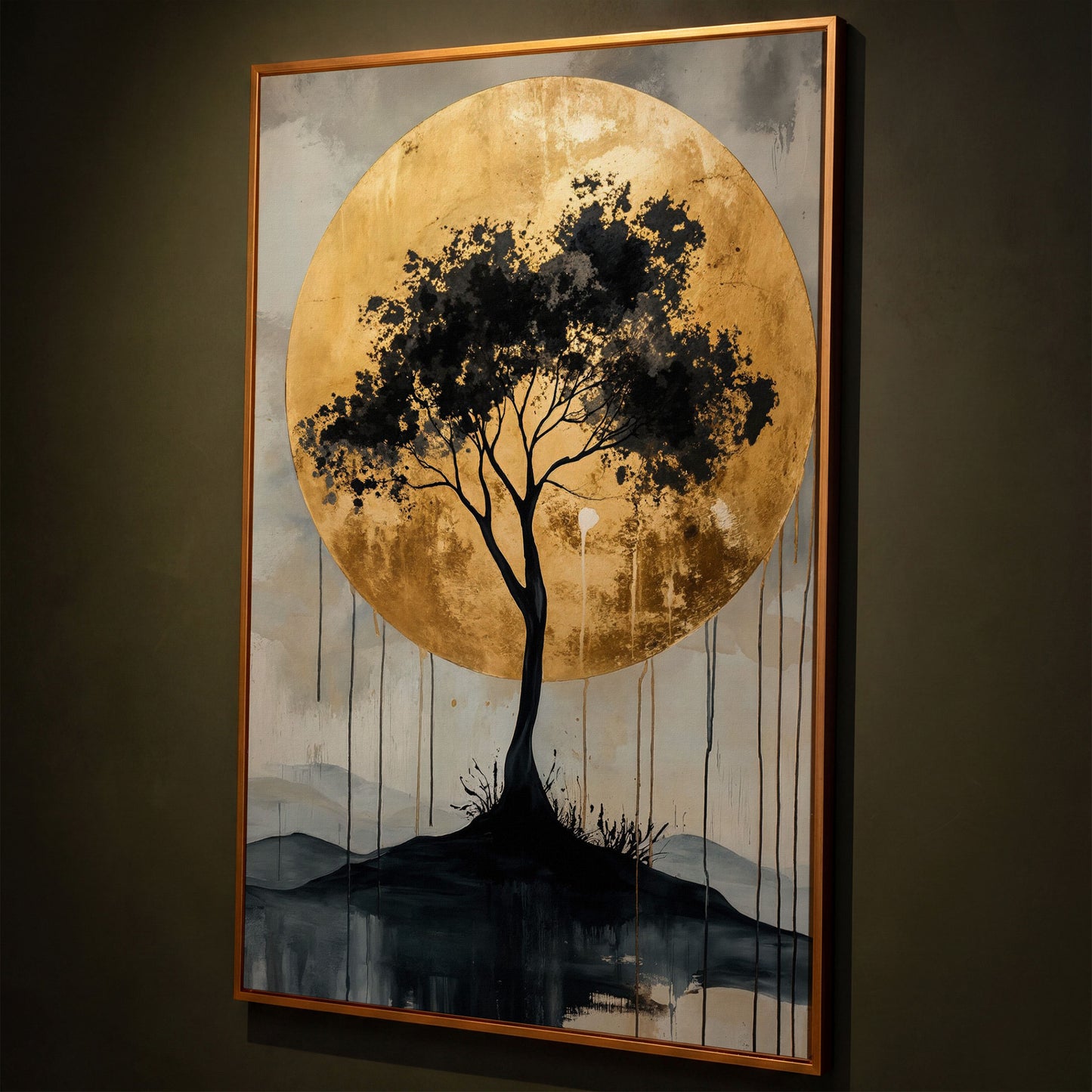 Black Tree and Golden Sun Canvas shown in antique gold floating frame