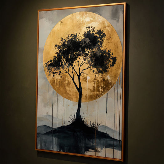 Black Tree and Golden Sun Canvas shown in antique gold floating frame