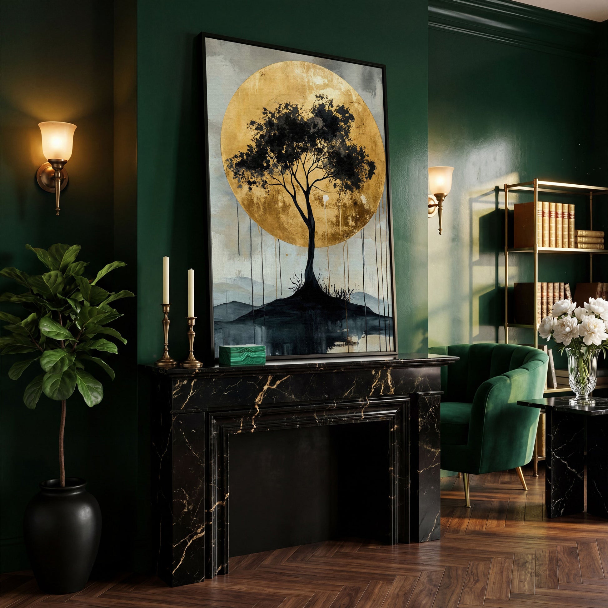 Black Tree and Golden Sun Canvas in black floating frame