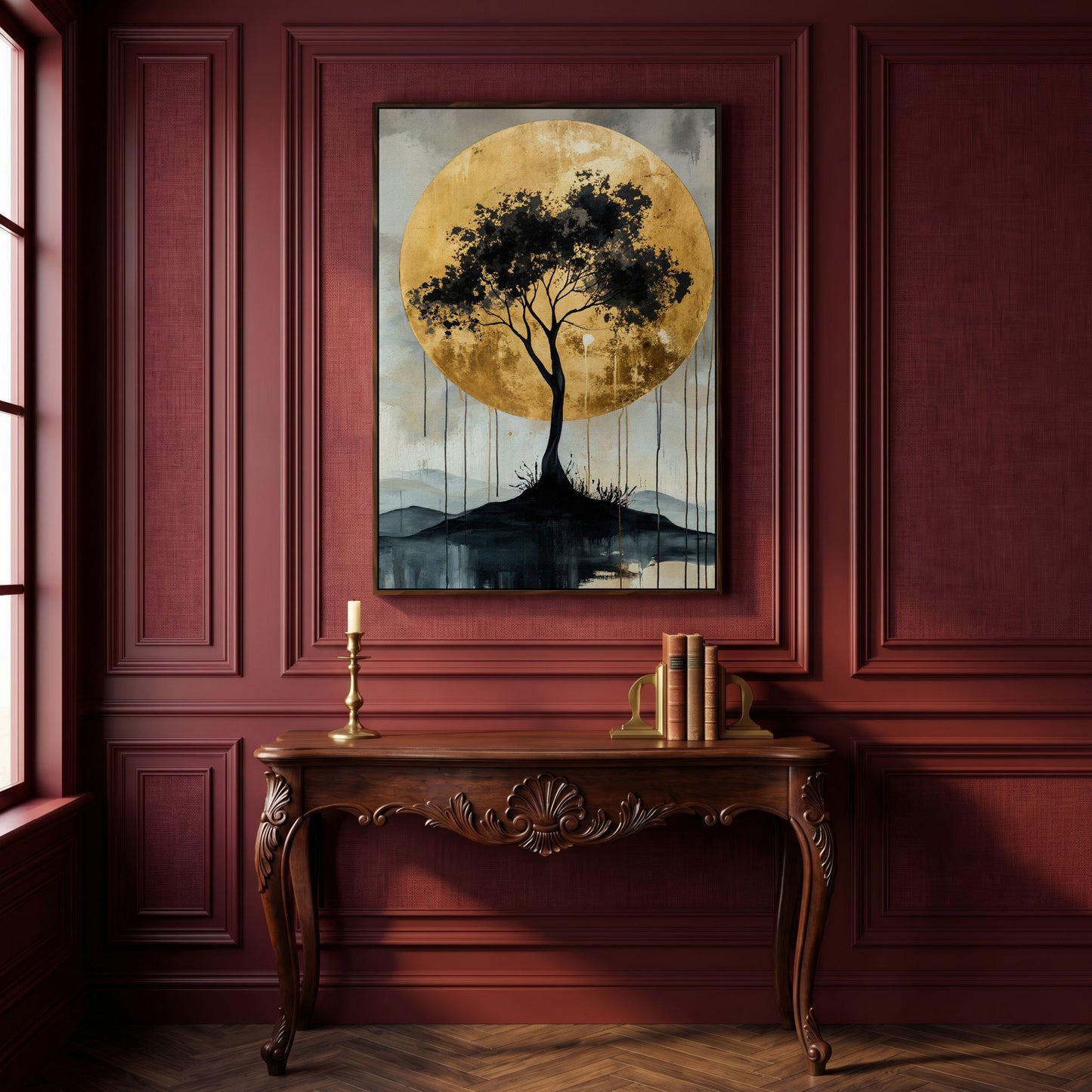 Black Tree and Golden Sun Canvas in dark walnut floating frame