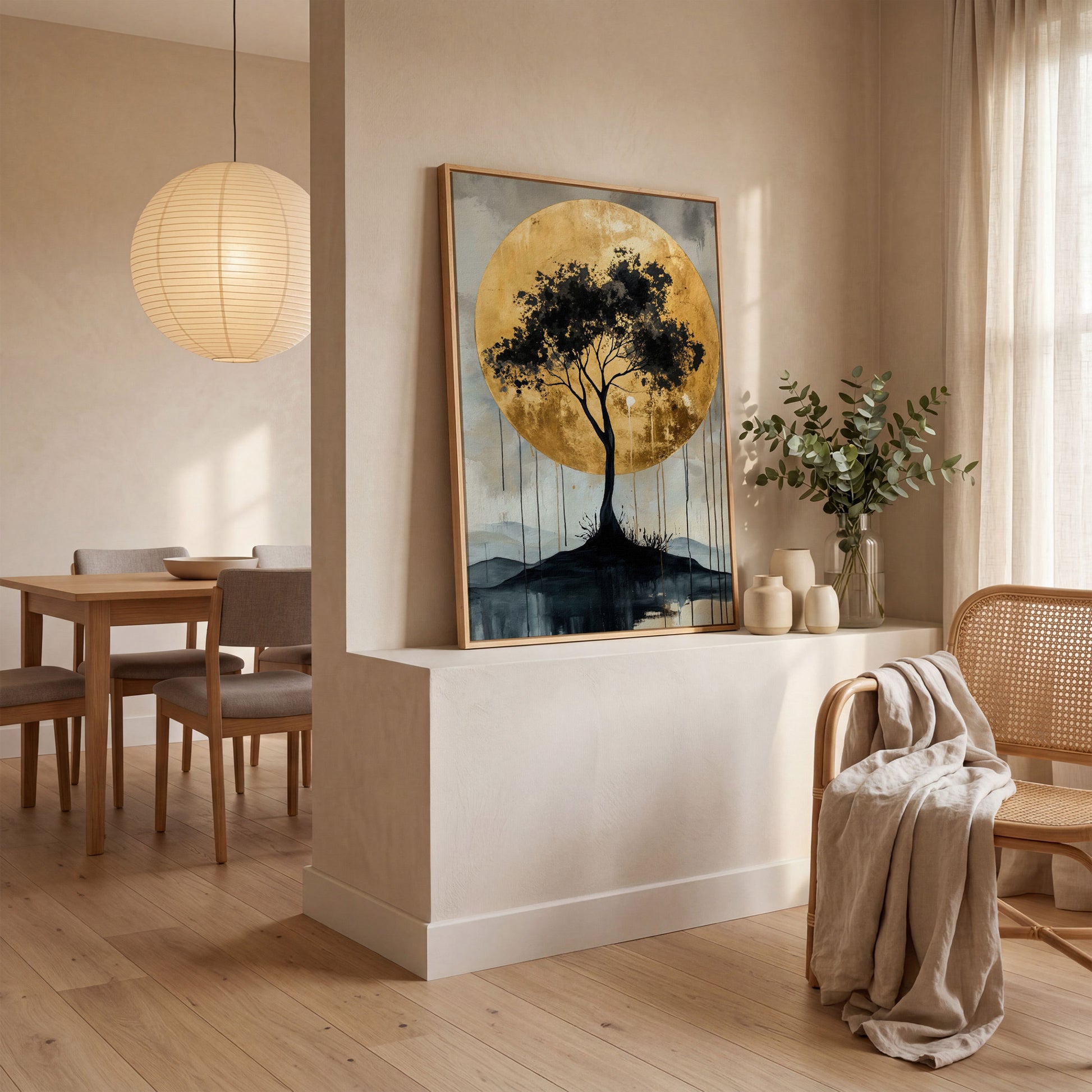 Black Tree and Golden Sun Canvas in white oak floating frame