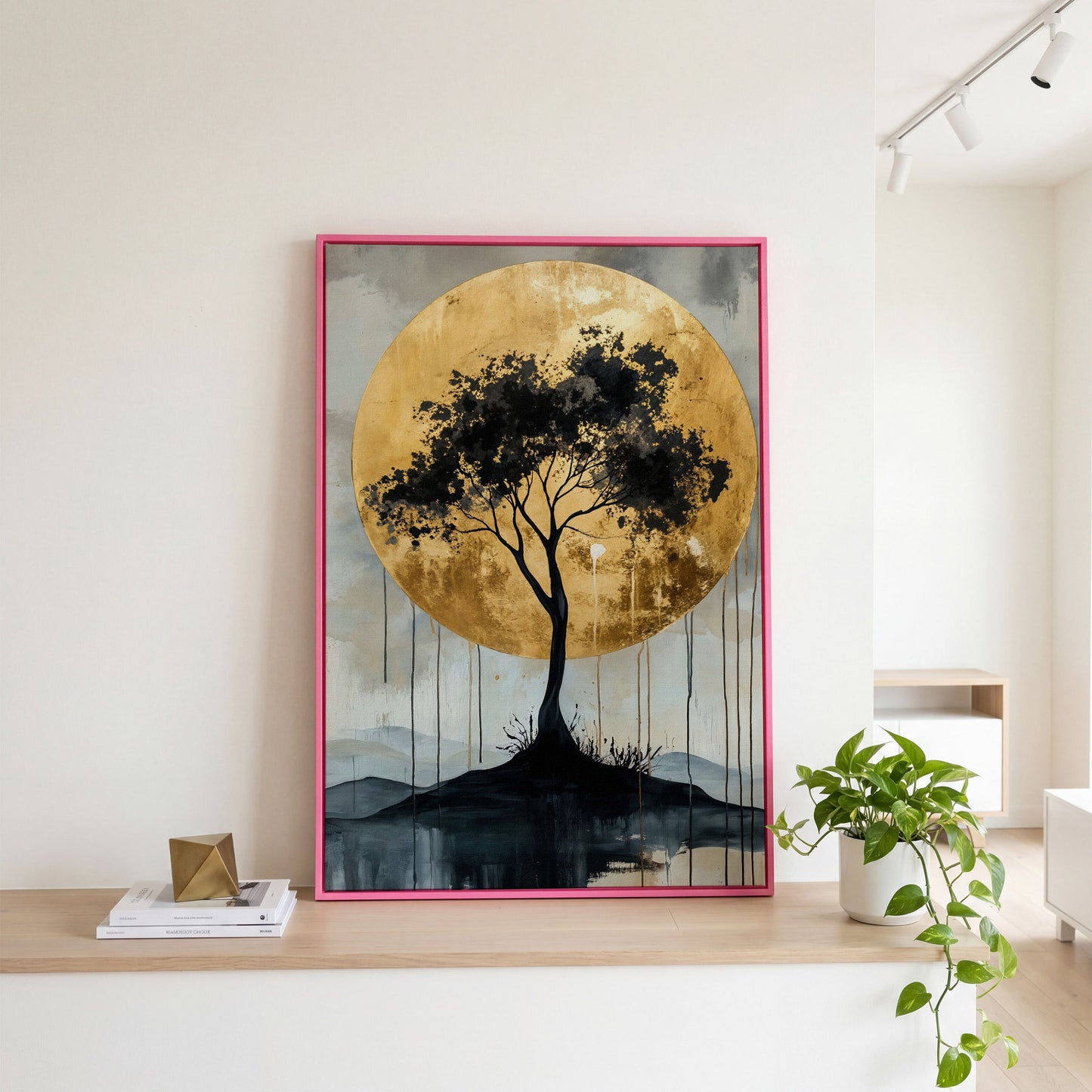 Black Tree and Golden Sun Canvas in pink floating frame