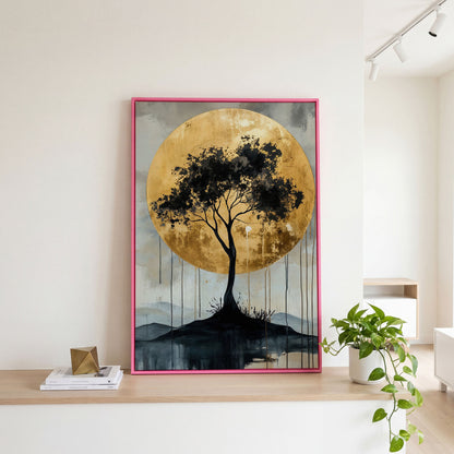 Black Tree and Golden Sun Canvas in pink floating frame