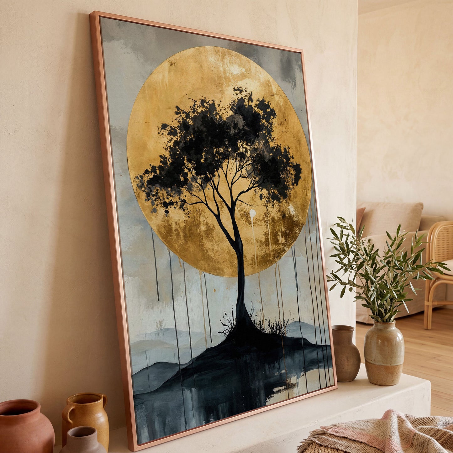 Black Tree and Golden Sun Canvas in rose gold floating frame