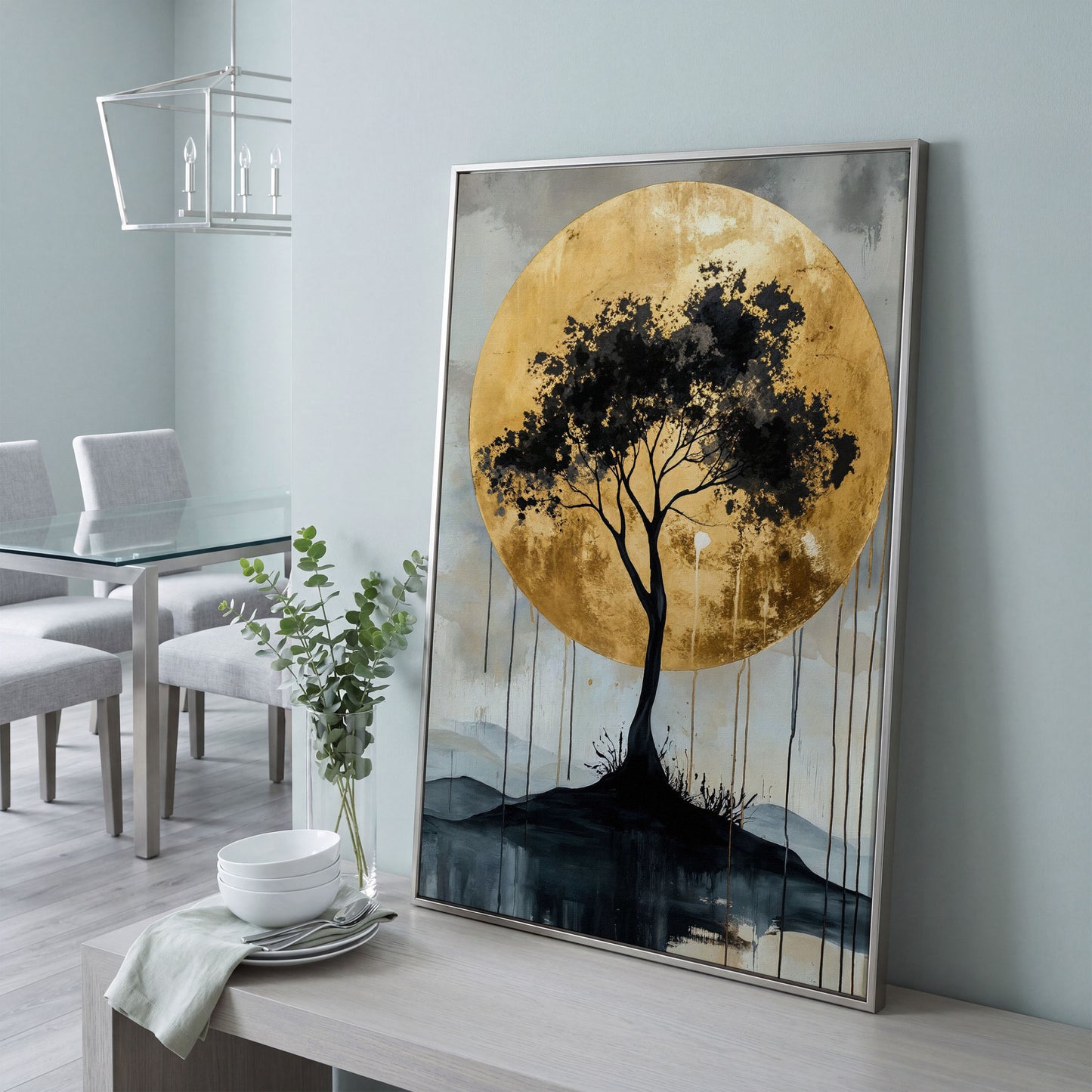 Black Tree and Golden Sun Canvas in silver floating frame