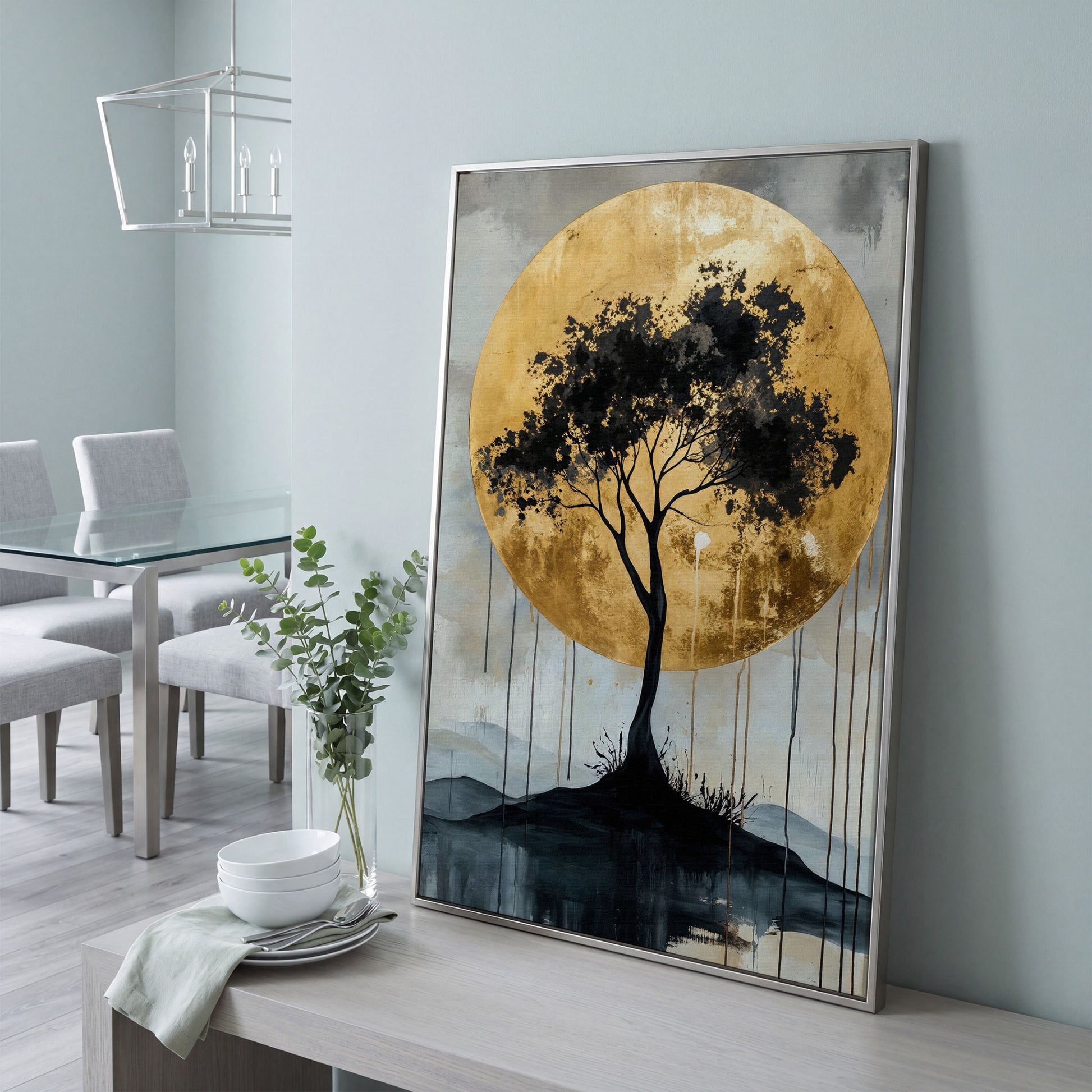 Black Tree and Golden Sun Canvas in silver floating frame