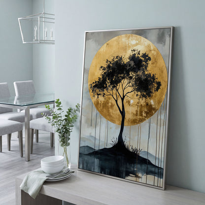 Black Tree and Golden Sun Canvas in silver floating frame