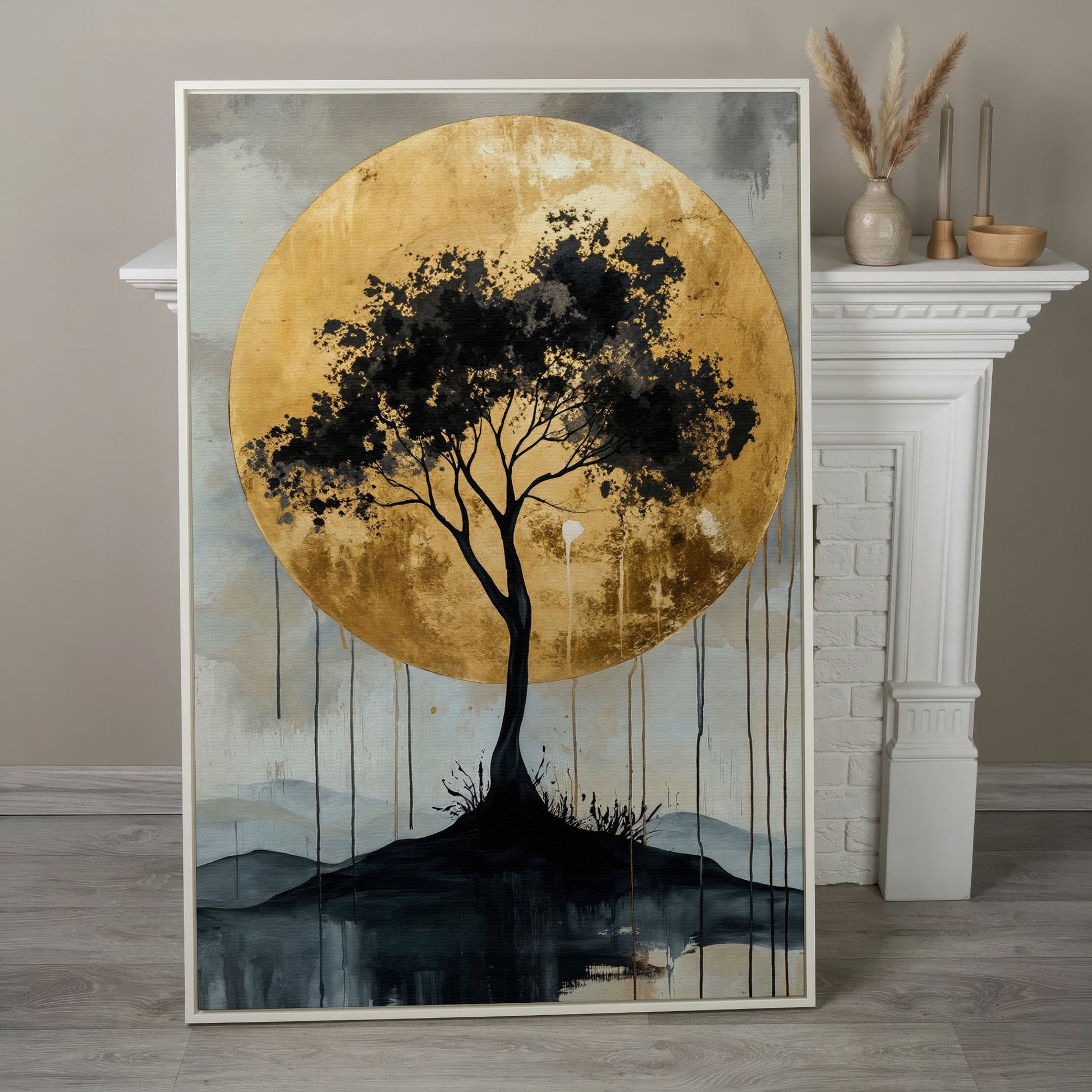 Black Tree and Golden Sun Canvas in white floating frame