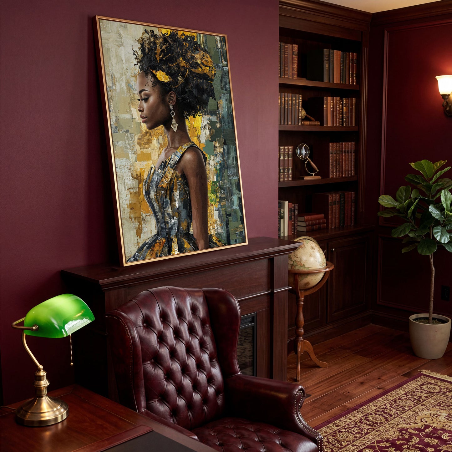 African Beauty Fashion Girl Canvas Print in Mustard Gold in antique gold floating frame