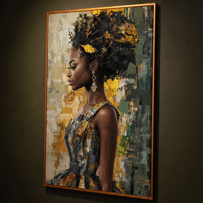 African Beauty Fashion Girl Canvas Print in Mustard Gold shown in antique gold floating frame