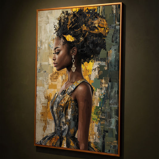 African Beauty Fashion Girl Canvas Print in Mustard Gold shown in antique gold floating frame