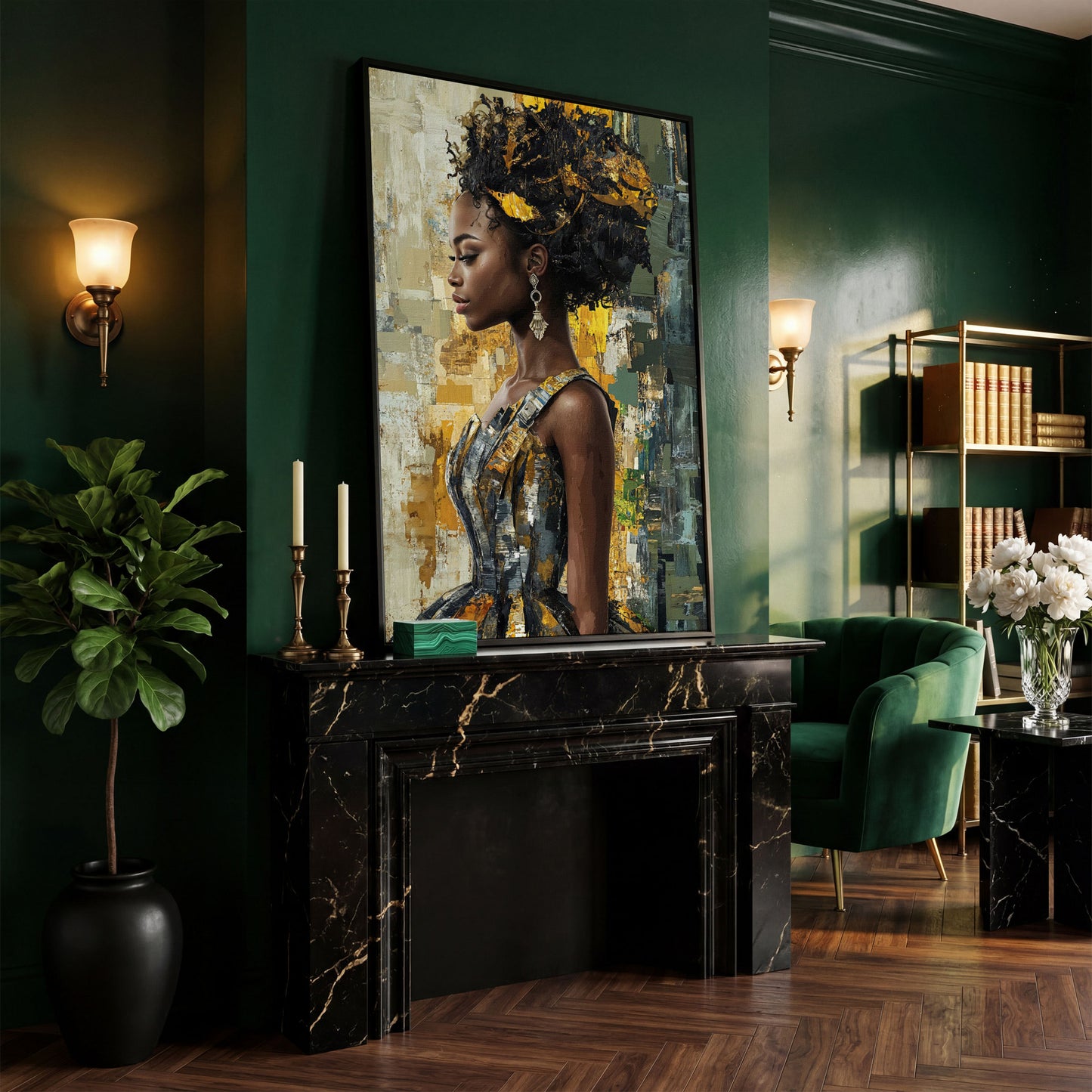 African Beauty Fashion Girl Canvas Print in Mustard Gold in black floating frame