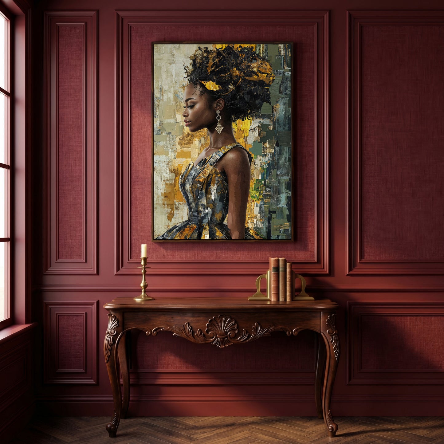 African Beauty Fashion Girl Canvas Print in Mustard Gold in dark walnut floating frame