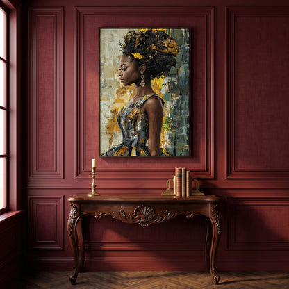African Beauty Fashion Girl Canvas Print in Mustard Gold in dark walnut floating frame