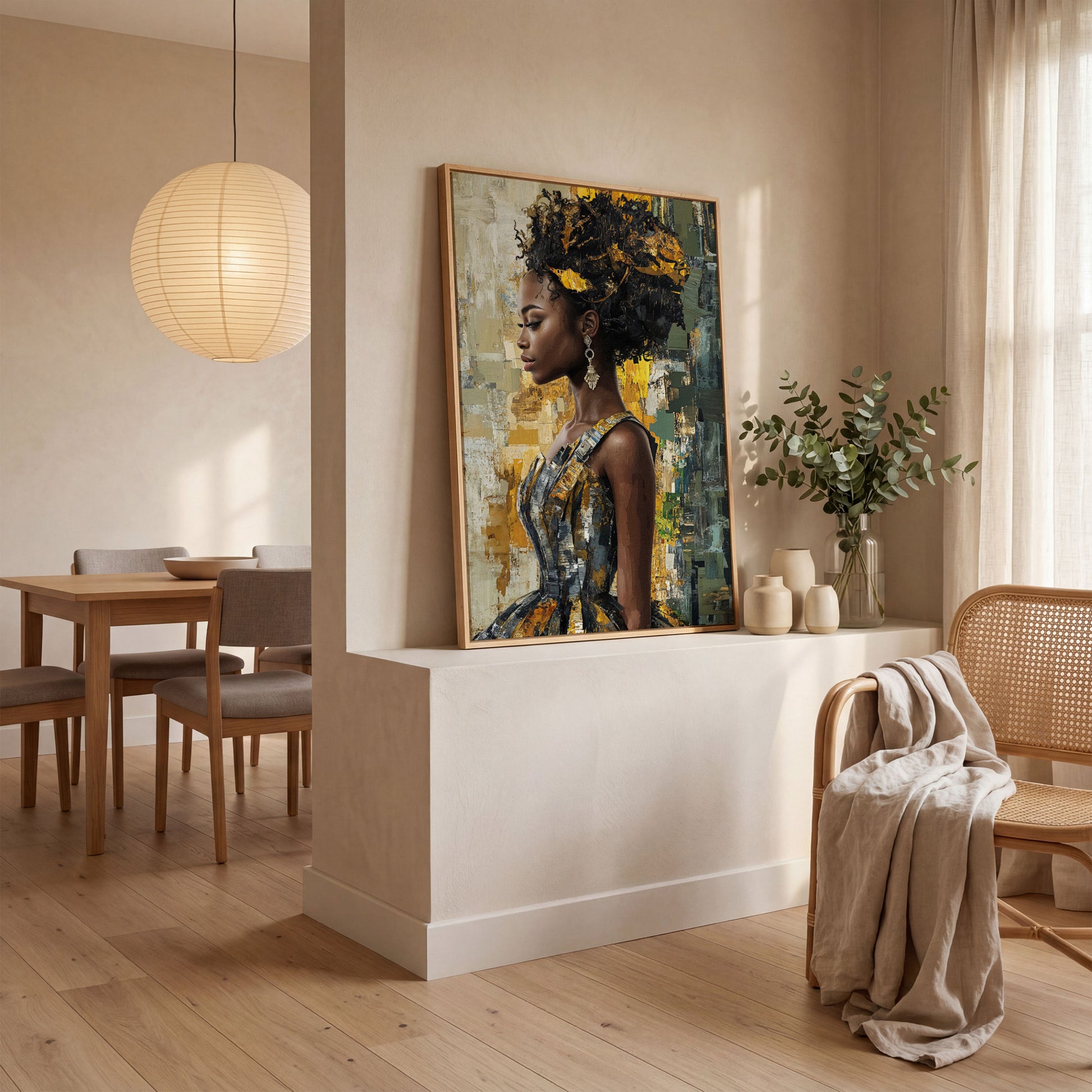 African Beauty Fashion Girl Canvas Print in Mustard Gold in white oak floating frame