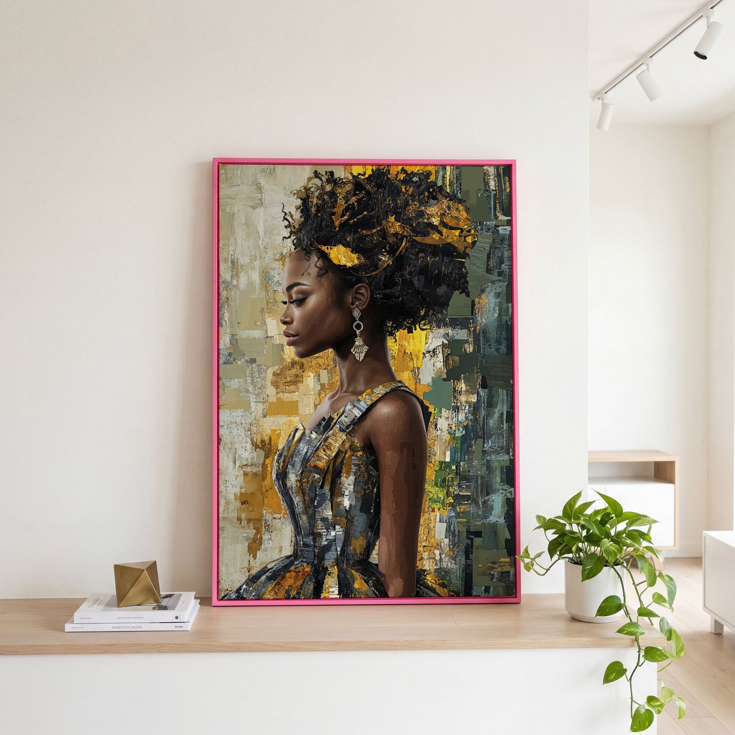 African Beauty Fashion Girl Canvas Print in Mustard Gold in pink floating frame