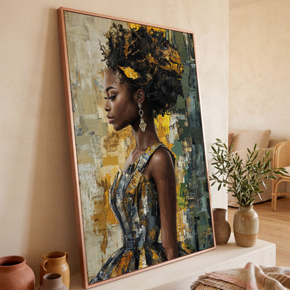 African Beauty Fashion Girl Canvas Print in Mustard Gold in rose gold floating frame