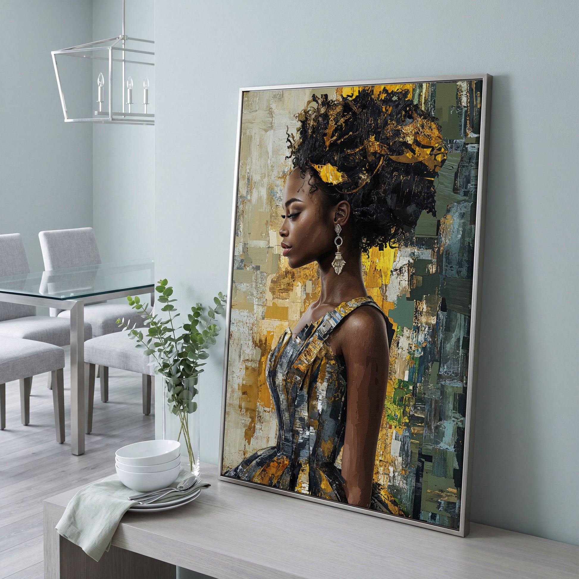 African Beauty Fashion Girl Canvas Print in Mustard Gold in silver floating frame