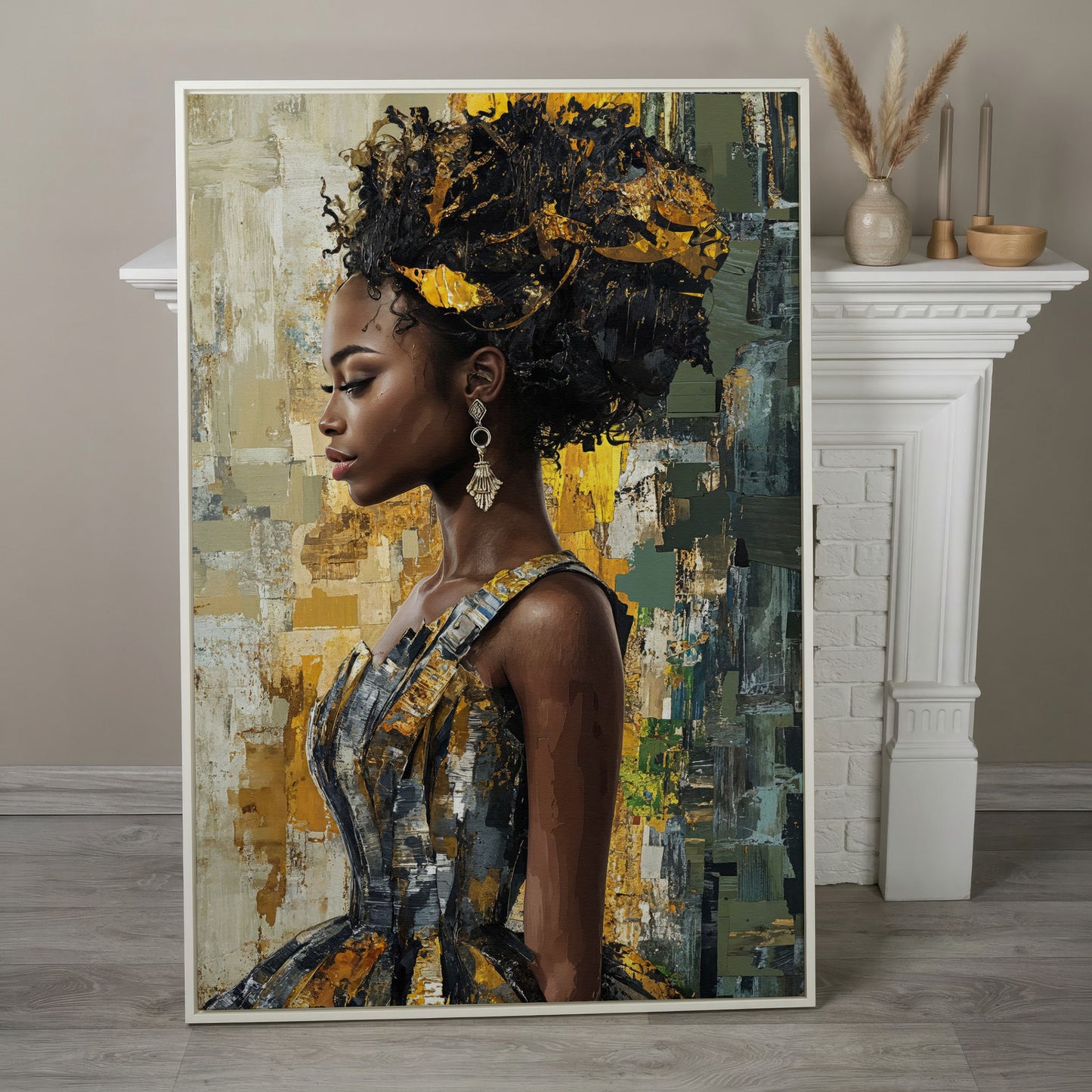 African Beauty Fashion Girl Canvas Print in Mustard Gold in white floating frame