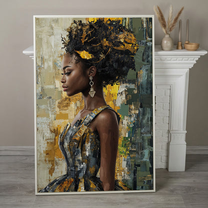 African Beauty Fashion Girl Canvas Print in Mustard Gold in white floating frame