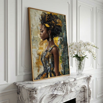 African Beauty Fashion Girl Canvas Print in Mustard Gold in yellow gold floating frame